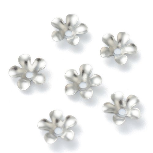 Coupelle fleur acier inox argent, x 20, perle finition, calotte à perle argentée, capuchon, base bijoux inox,  apprêts bijoux acier,
