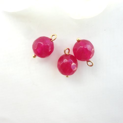 Pendentif rubis rose facette, clou plaqué or , x2,  18 carat, charm pierre rose, perle, rubis, 10 mm