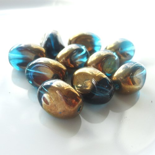 Perle ovale verre bi color, perle 3 faces, or et bleu, verre tchèque, beads, diy, bijoux, ovale 13 mm,