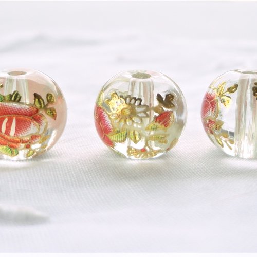 Perle verre ronde fleur imprimé, perle japonaise, tensha