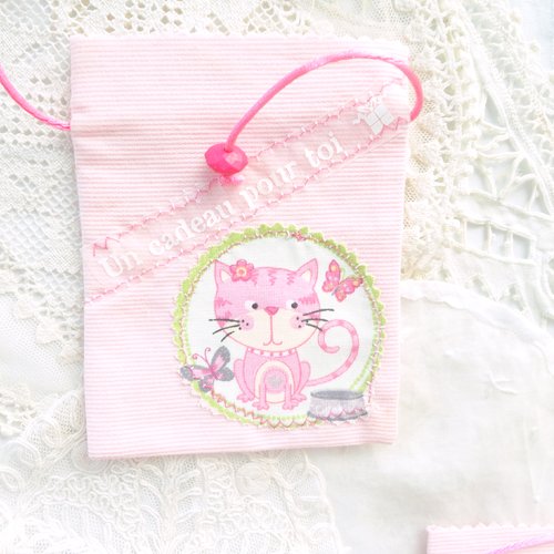 Pochette tissu rose, pochette cadeau, petite fille, goûter , chat, enfant,