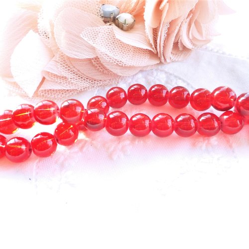 Perle verre rouge, perle ronde, verre transparent, beads, 