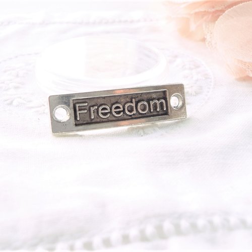 Perle métal rectangle, connecteur lien, mot freedom, bracelet, connecteur, argent, 