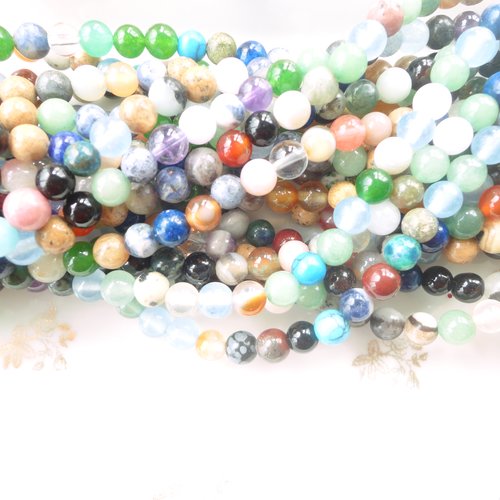Perle pierre ronde, un brin, 64 perle, agate, lapis lasuli, jade,