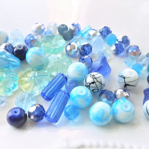 Perle verre bleu, perle en vrac, lot mixtes, diverses formes, mélange, bijoux, diy, matériel