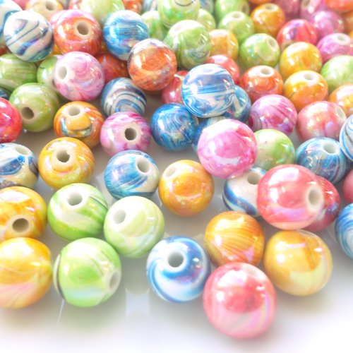 Perle ronde  10 mm colorée, perle acrylique, x 20, couleur fluo, imprimé, pièce unique, resine,
