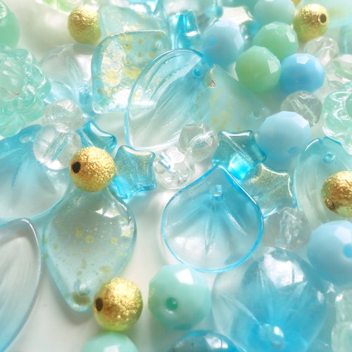 Perle verre bleu turquoise, lot mixte, kit création bijoux, perle de la mer, x 50,  filigrane doré,