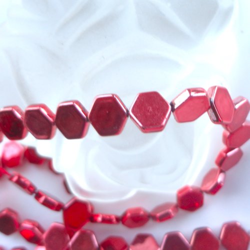 Perle hexagonale pierre hématie, pierre rouge, perle gemme rouge, hématite, 9 mm, x 10