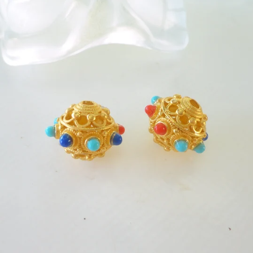 Perle métal creuse, perle indonésienne, pierre bleu, pierre corail, fournitures, bijoux, diy