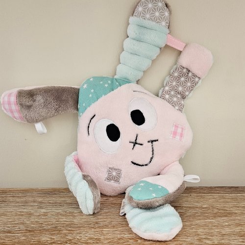 Doudou rigolo en polaire et minkee -  roe pâle et vert d'eau - peluche bébé