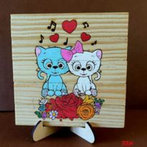Tableau gravé sur assemblage de tasseau "chats amoureux"
