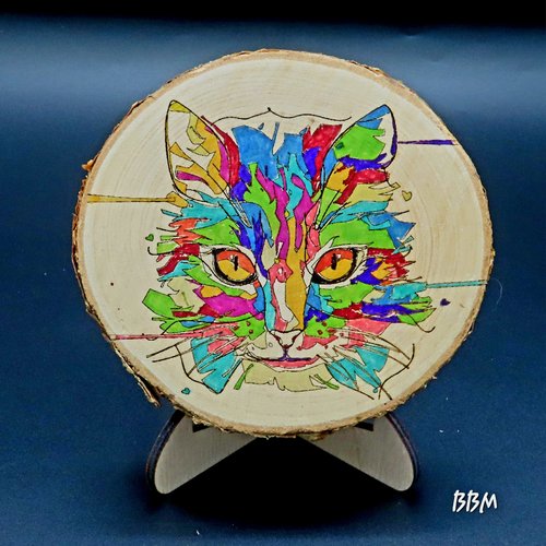 Rondin de bois de decoration  - chat pop art