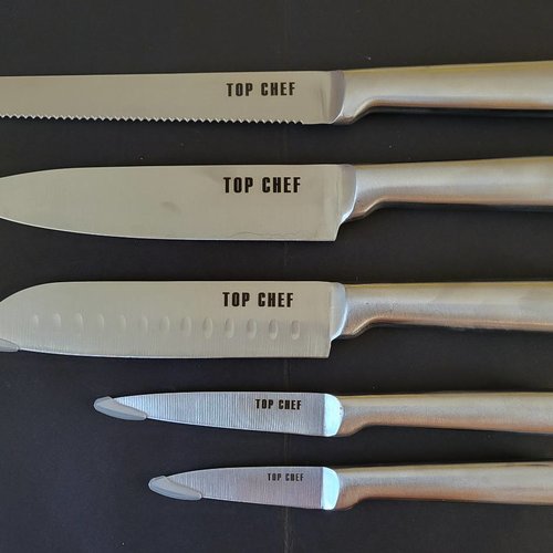 Lot de 5 couteaux de cuisine en inox gravé " top chef "