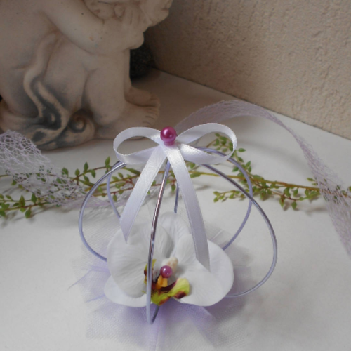 Décoration de table - orchidée en cage - blanc mauve et parme