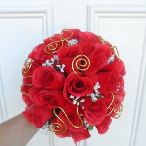 Bouquet de mariée rond "bruna" - roses rouges et dorure