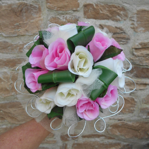 Bouquet de mariée rond "jasmine" - roses artificielles ivoires et roses -mariage