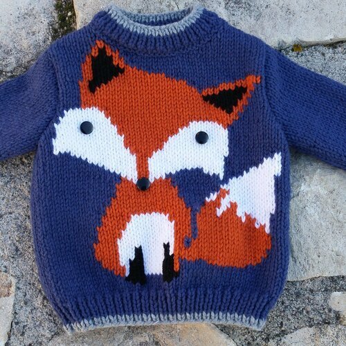 Pull enfant garçon motif renard de 2 ans à 6 ans tricoté main