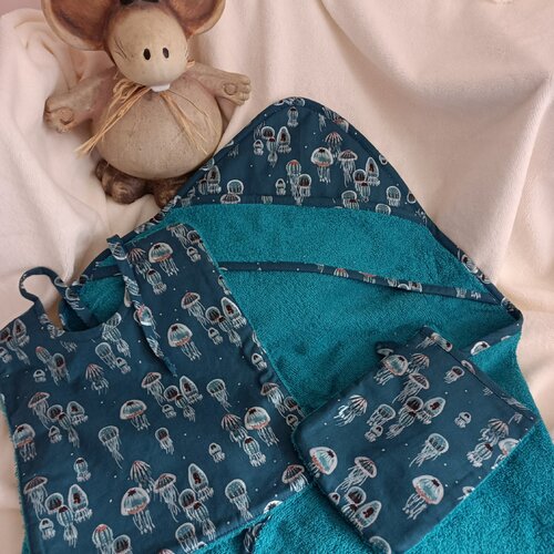 Cape de bain en coton avec gant et bavoir pour bébé motif méduse