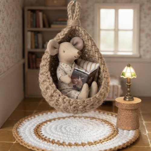 Coin lecture miniature pour souris maileg — fauteuil suspendu, lampe et accessoires