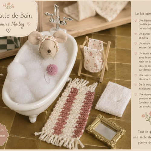 Salle de bain miniature pour souris maileg — baignoire, miroir et accessoires