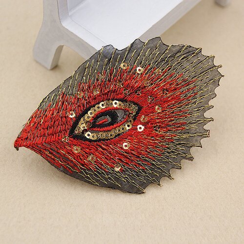25 appliques patch ecusson tissus thermocollant plume de paon rouge 10.7x7.2 cm