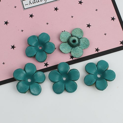 2 appliques cuir fleur bleu vert 22mm - création bijoux - sc0110245