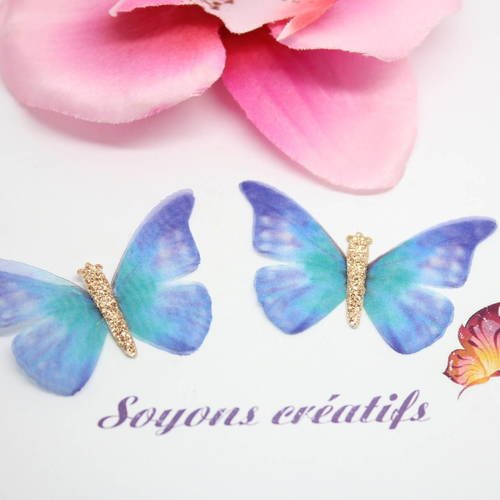 25 papillons organza bleu violet 50x35mm-création bijoux-