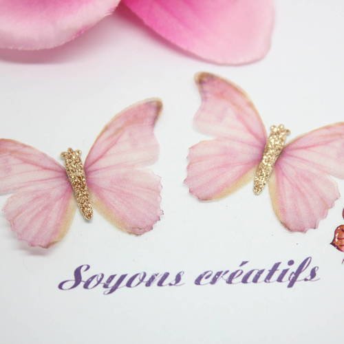 Lot 12 papillons organza rose 50x35mm -création bijoux-