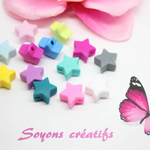 40 perles silicone forme etoile 15mm couleurs mixtes