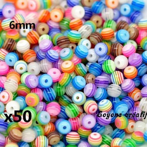 Lot 1000 perles rondes rayées 6 mm couleur mixte