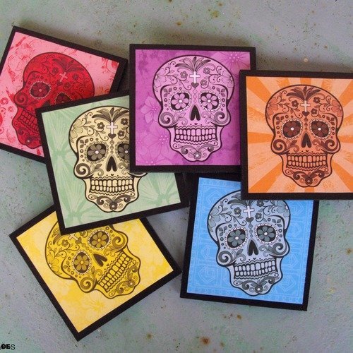 Lot de 6 dessous de verre têtes de mort  mexicaines rainbow skulls - sous verre en bois, sugar skull, cadeau à moins de 30€,