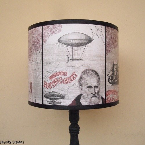 Abat jour steampunk victorien beige time travel - lampe à poser, abat-jour 25 cm, cylindre, original, ballon à air chaud