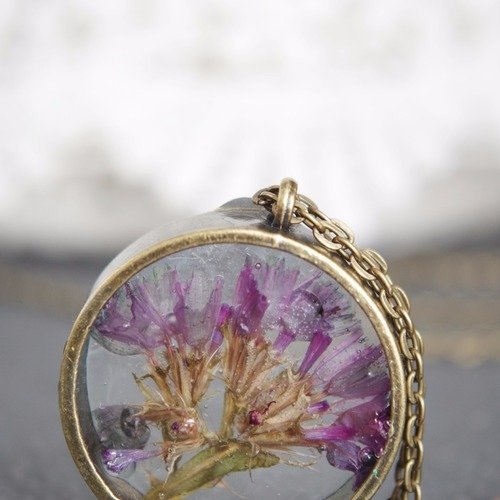Collier résine avec fleur naturelle collier en bronze collier pendentif avec plants naturelle bijoux fleur séchée