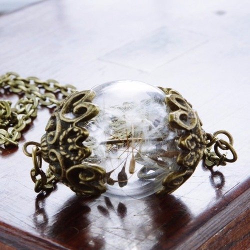Collier en verre soufflé remplie de véritables fleurs de pissenlit collier en bronze collier long sautoir style vintage