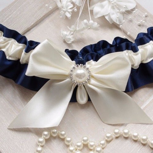 Jarretière de mariage jarretière en satin bleu avec noeud en perle pour mariée