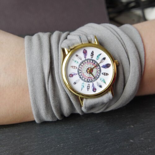 Montre à plusieurs tours montre en tissu montre grise montre avec des plumes montre pour femme cache tatouage