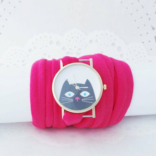 Montre à plusieurs tours montre rose montre en tissu montre avec un chat montre pour femme