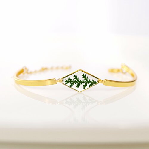Bracelet doré géométrique losange bracelet avec une plante bracelet avec de la fougère vraie fougère