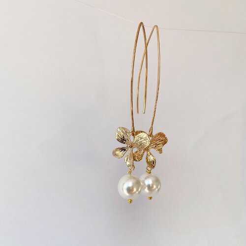 Boucles d'oreilles orchidée or perle longue balancent boucles d'oreilles fleur bijoux de mariée floral boucles d'oreilles de mariage 