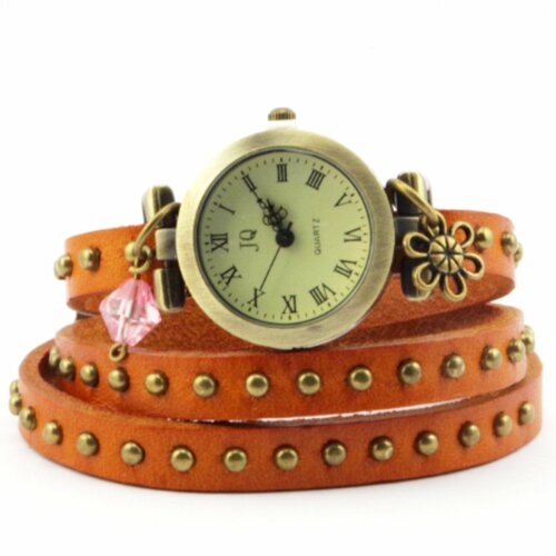 Bracelet en cuir marron montre fleur charme longue bande montre cadeau d'anniversaire pour sa montre femme vintage