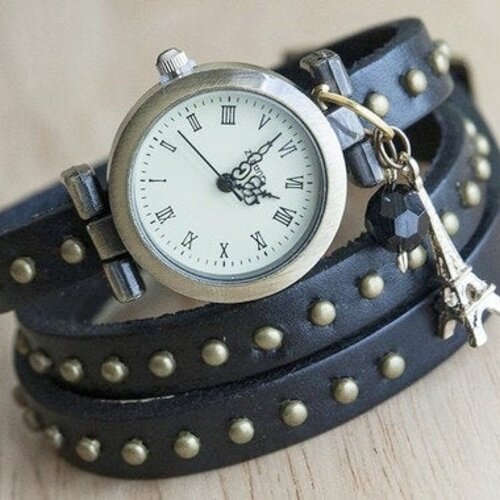 Montre noire montre avec la tour eiffel montre vintage montre à plusieurs tours montre paris 