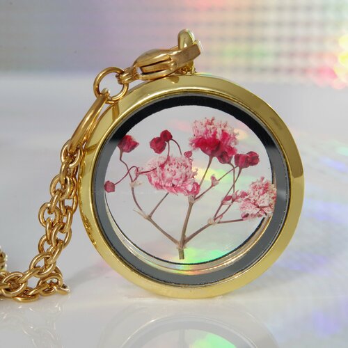 Médaillon doré médaillon avec des fleurs vraies fleurs fleurs roses fleurs séchées médaillon en verre