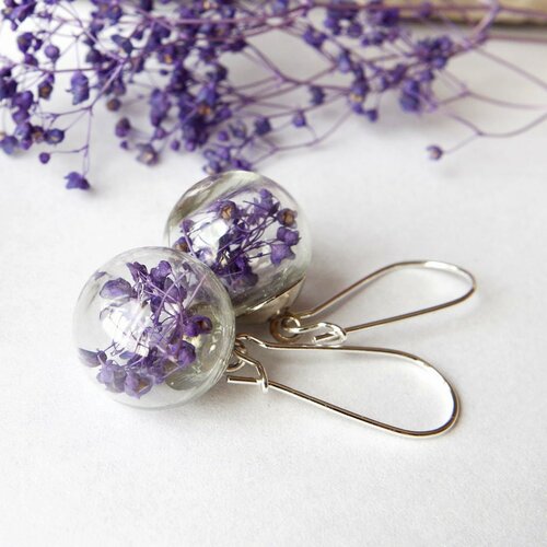 Boucles d'oreilles argentées vraies fleurs fleurs violettes bijou terrarium fleurs séchées cadeau pour elle cadeau pour la fête des mères