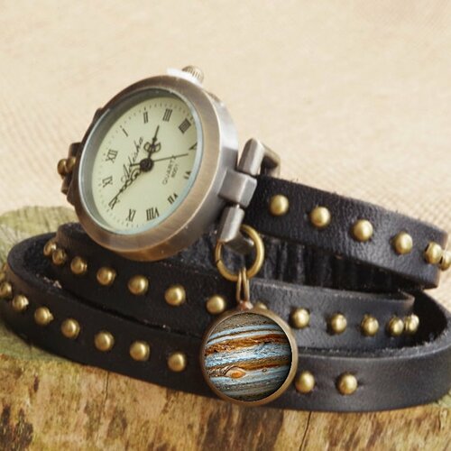 Bracelet en cuir noir montre bracelet jupiter montre-bracelet planètes cuir vegan montre dames montre galaxy cadeau pour elle