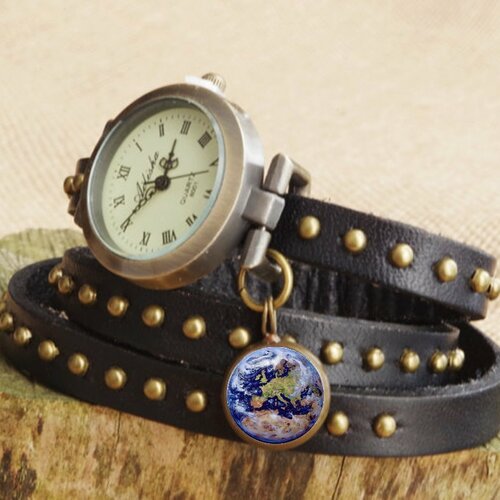Carte de montre-bracelet pour femmes en cuir brun, café montre bracelet montre espace boho montre cadeau d’anniversaire pour son cadeau de noël pour petite amie