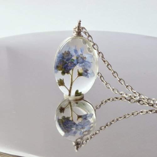 Myosotis le collier de fleurs, fleur pressée à sec, bijoux de fleur bleue, collier commémoratif, cadeau de noël pour maman