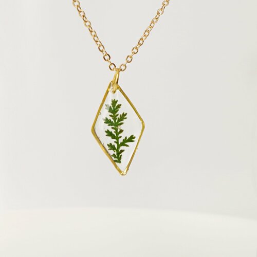 Collier doré géométrique losange collier avec une plante collier avec de la fougère vraie fougère