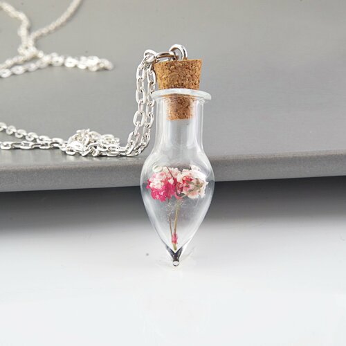Collier argenté bouteille en verre collier avec des fleurs vraies fleurs fleurs séchées