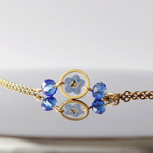 Bracelet fleur pressé bleu myosotis de bijoux pour les femmes cadeau personnalisé écologique pour sa chemise de fête des mères