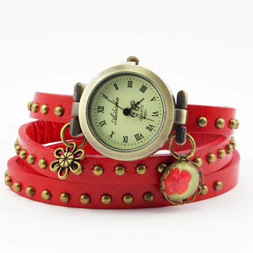Montre-bracelet rouge réel fleurs séchées trois tours montre-bracelet montre fille montre femme cadeau petite amie  cadeau d'anniversaire